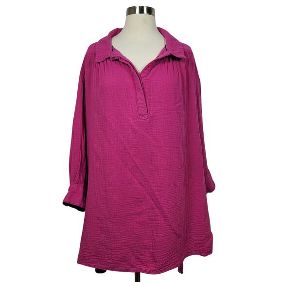 Leota Pink Gauzy Textured Cotton Tunic Top 3X Plus Size Oversized Relaxed Fit - Picture 1 of 9